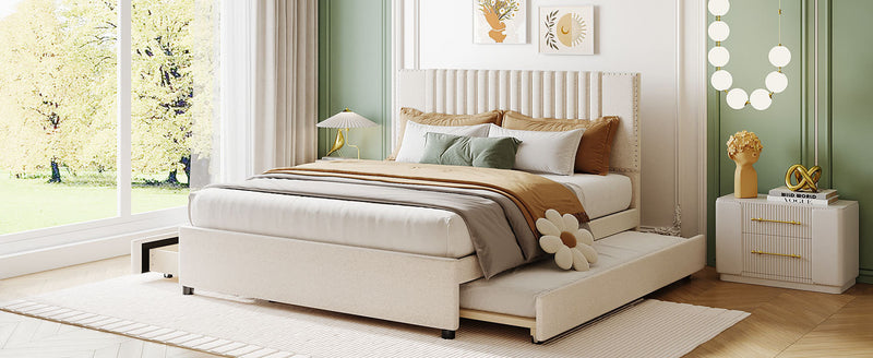 Queen Size Upholstered Platform Bed with 2 Drawers and 1 Twin XL Trundle, Classic Headboard Design, Beige