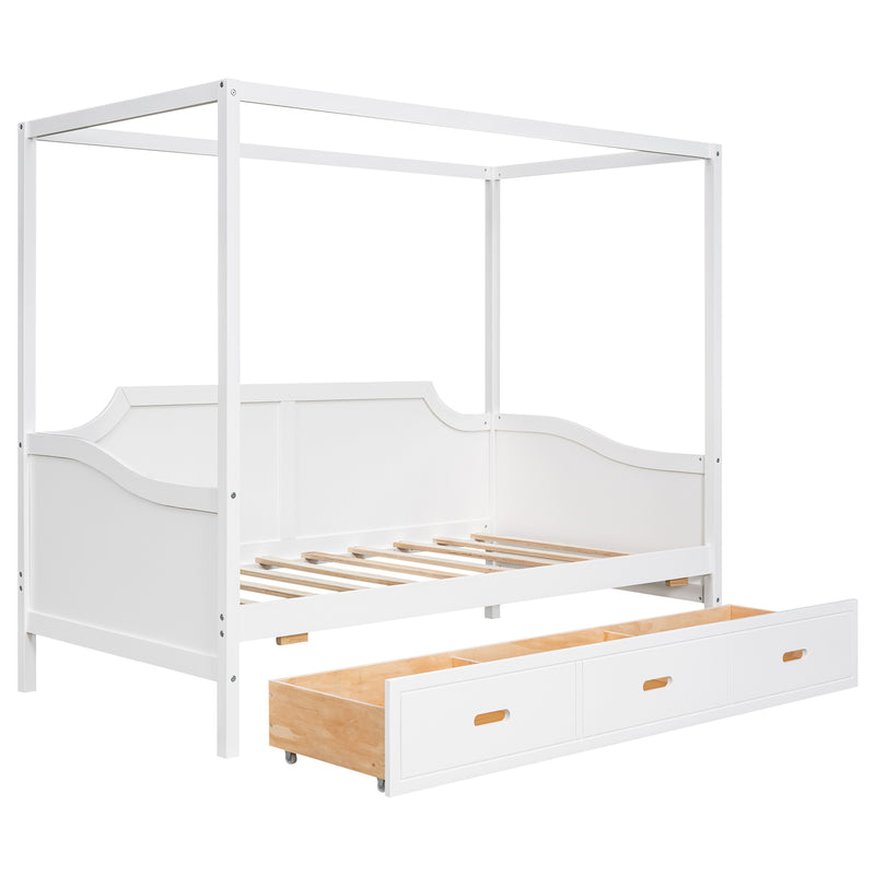 Twin Size Wooden Canopy Daybed with 3 in 1 Storage Drawers,White