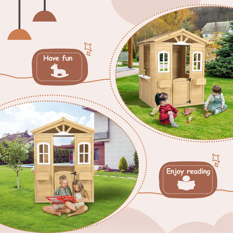 Wooden Playhouse For Kids Outdoor With Working Door, Windows, Mailbox, Flowers Pot Holder - Natural