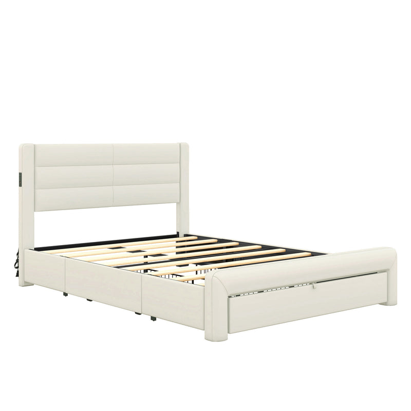 Queen Size Bed Frame with Drawers Storage, Leather Upholstered Platform Bed with Charging Station,Beige