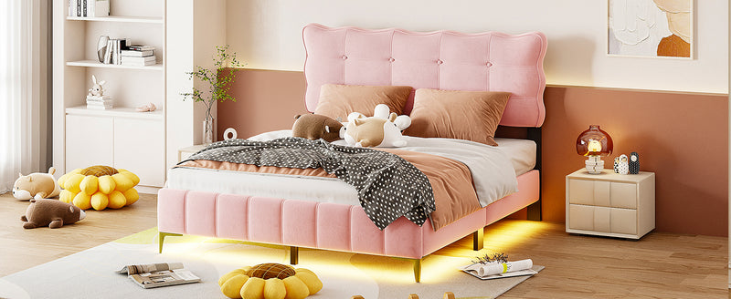 Queen Size Velvet Platform Bed with LED Frame and Stylish Mental Bed Legs, Pink