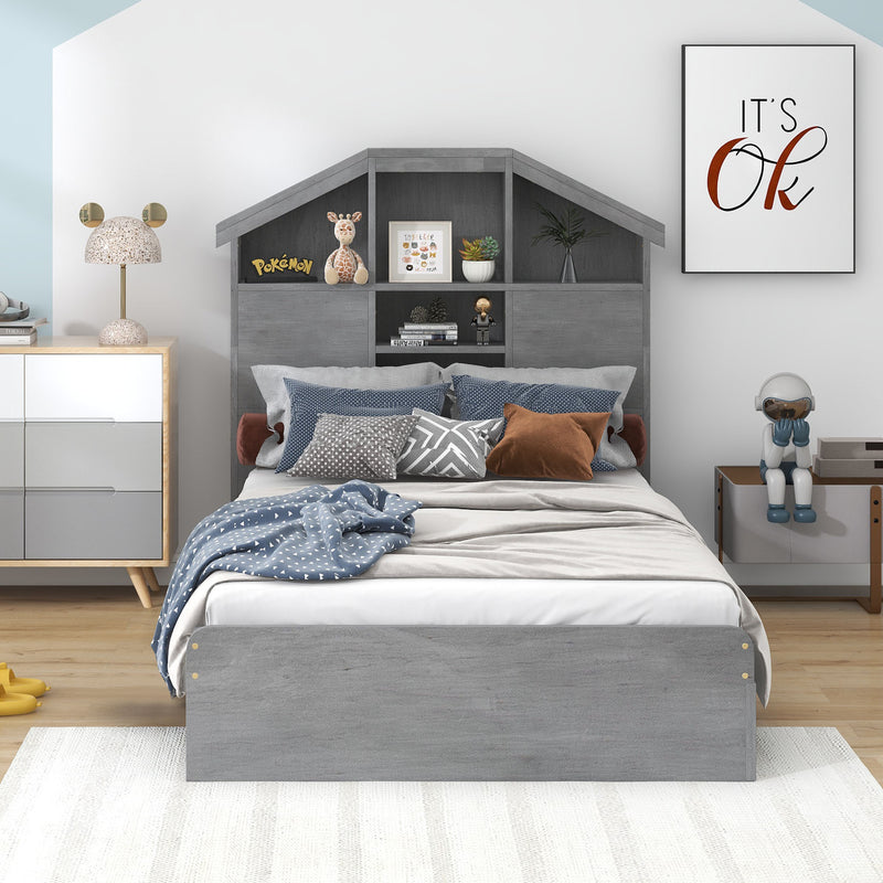 Twin Size Wood Platform Bed with House-shaped Storage Headboard and 2 Drawers, Gray