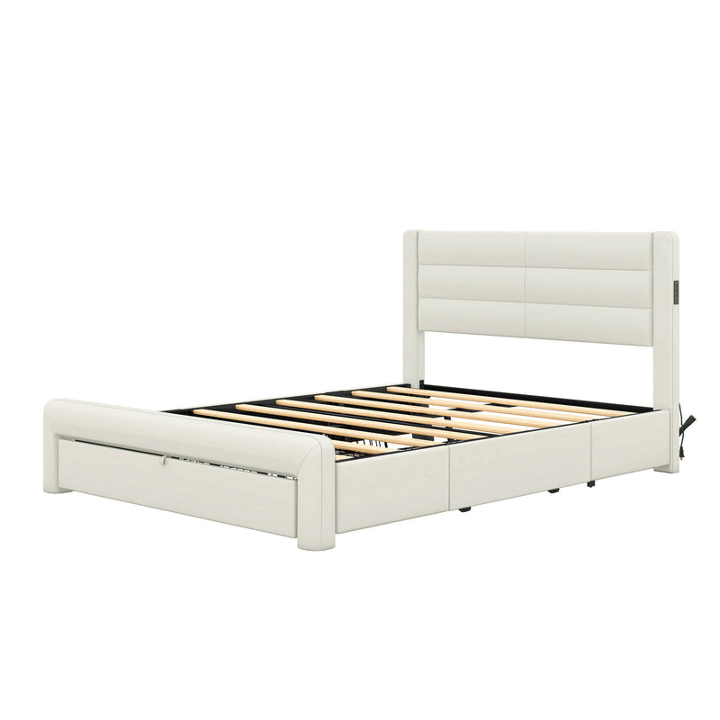 Queen Size Bed Frame with Drawers Storage, Leather Upholstered Platform Bed with Charging Station,Beige