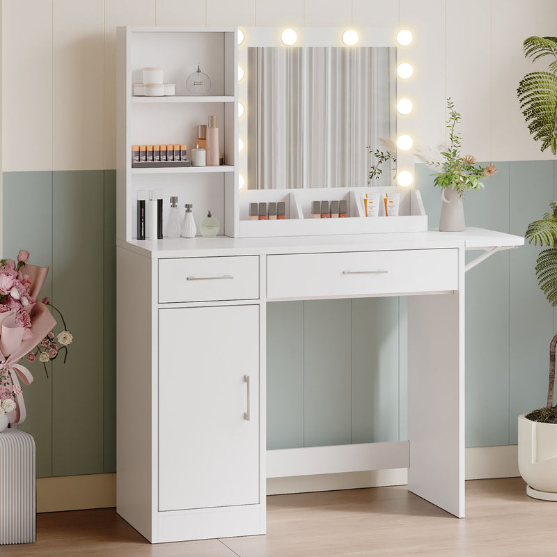 Vanity Desk With Drawers & Mirror With Lights, With Drawers & Cabinet 3 Shelves Lots Storage For Stylish Bedroom