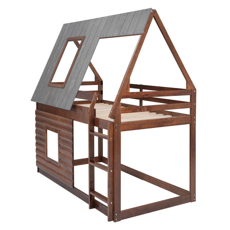 Wood Twin Size House Bunk Bed With Roof, Ladder And 2 Windows - Oak & Smoky Gray