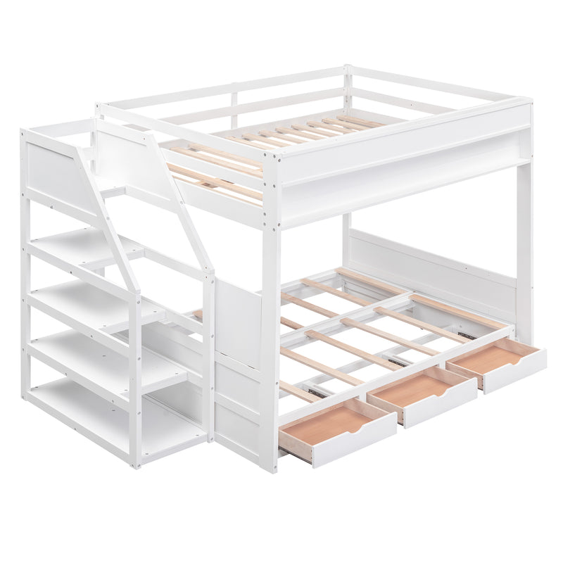 Wood Full Size Convertible Bunk Bed with Storage Staircase, Bedside Table, and 3 Drawers, White