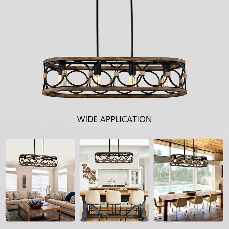 4 Light Rectangular Ellipse Pendant Lights Kitchen Island, Metal Farmhouse Kitchen Pendant Lights, Adjustable Height, Modern Industrial Chandelier For Living Room, Dining Room - Matte Black / Natural