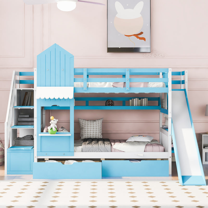 Twin-Over-Twin Castle Style Bunk Bed with 2 Drawers 3 Shelves and Slide - Blue