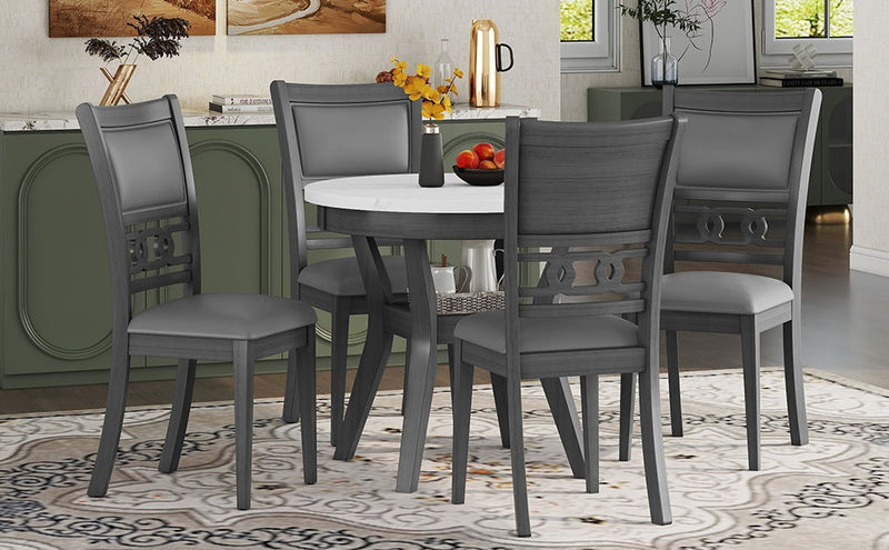 5 Piece Dining Round Table Set With One Faux Marble Top Dining Table And Four Pu-Leather Chairs - Gray