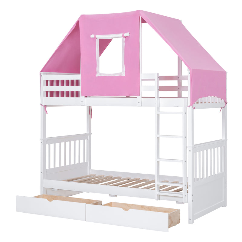 Twin Over Twin Bunk Bed Wood Bed with Tent and Drawers, White+Pink Tent