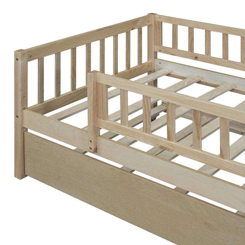 Twin Size Wood Daybed with Trundle and Fence Guardrails, Natural