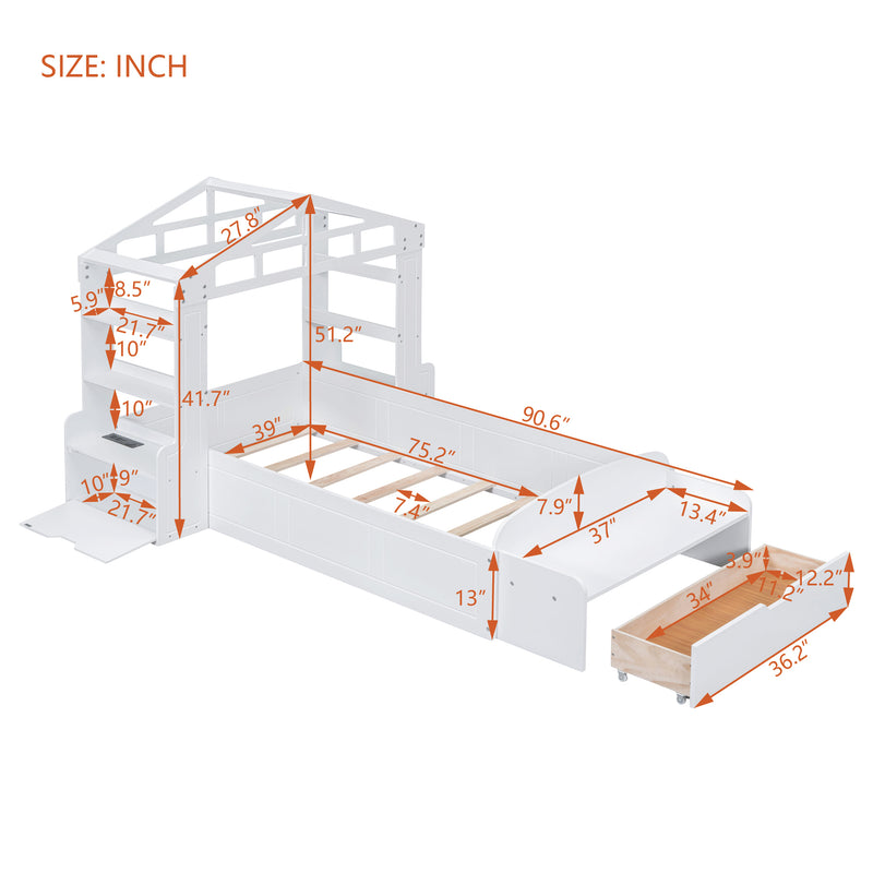 Twin Size House Bed with Bench, Socket and Shelves, White