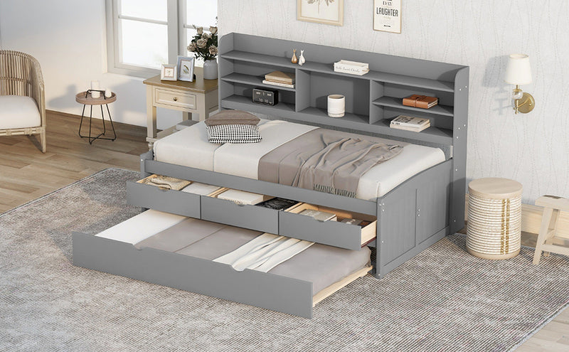 Twin Size Wooden Captain Bed with Built-in Bookshelves,Three Storage Drawers and Trundle,Light Grey