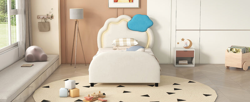 Twin Size Upholstered Platform Bed with Cloud-Shaped Headboard and Embedded Light Stripe, Velvet, Beige