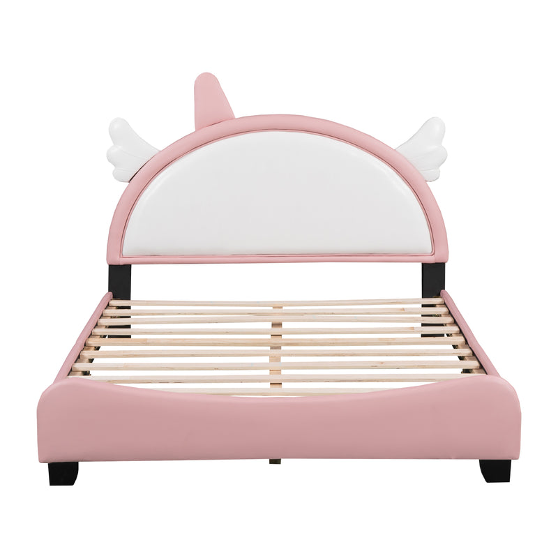 Cute Full size Upholstered Bed With Unicorn Shape Headboard,Full Size Platform Bed with Headboard and Footboard,White+Pink