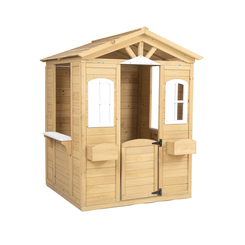 Wooden Playhouse For Kids Outdoor With Working Door, Windows, Mailbox, Bench, Flowers Pot Holder - Natural