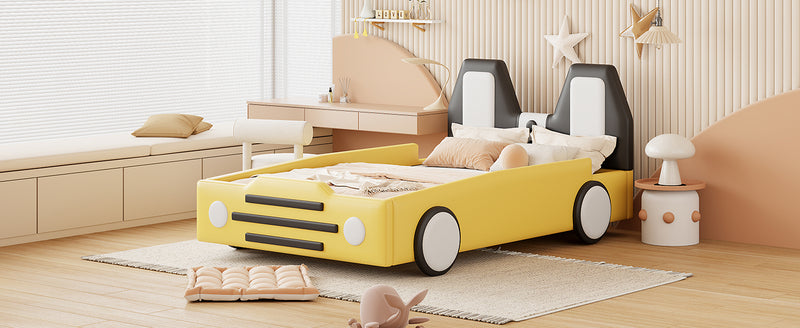 Twin Size Race Car-Shaped Platform Bed with Wheels,Yellow