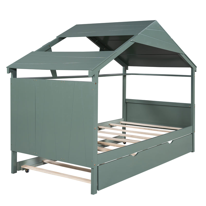 Wood Twin Size House Bed with Trundle and Storage, Green