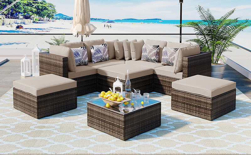 8 Piece Outdoor Wicker Sofa Set, Rattan Sofa Lounger, With Colorful Pillows, Conversation Sofa, For Patio, Garden, Deck - Brown / Beige