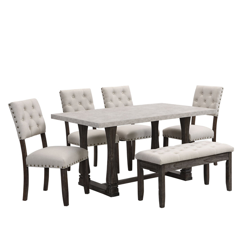 6 Person Dining Table Set, Kitchen Table Set For 6 People, 4 Chairs With Backrest, 2 Person Tufted Seat Bench - Gray