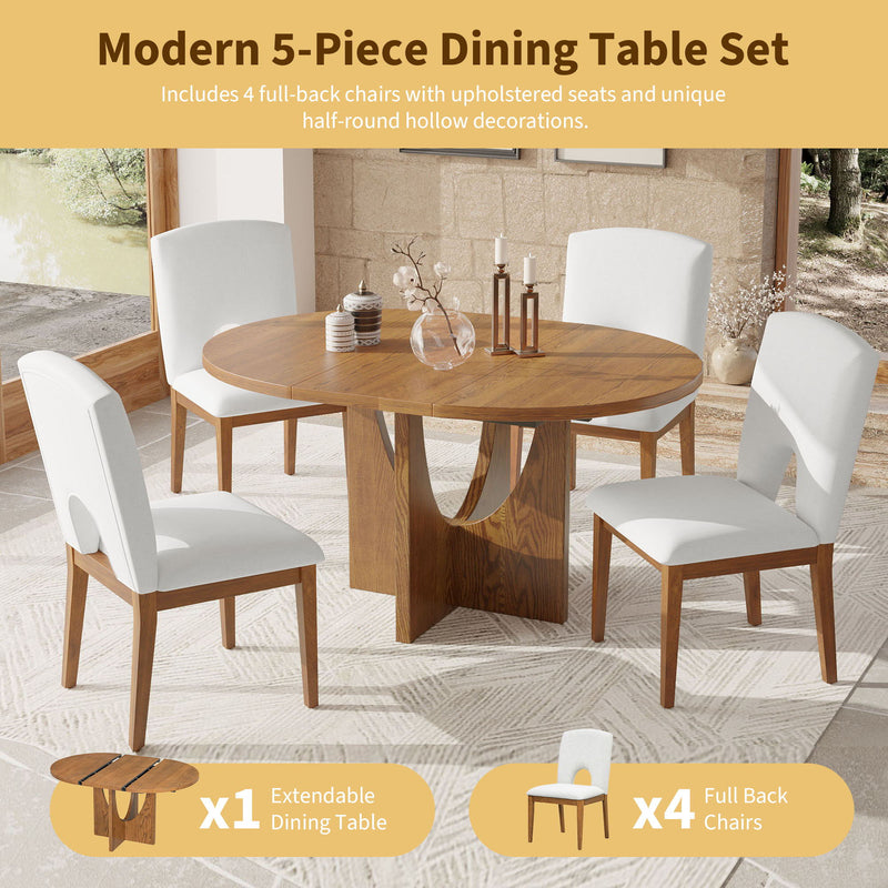 Topmax - 5 Piece Modern Extendable Round Dining Table Set With Removable Leaf For Small Places