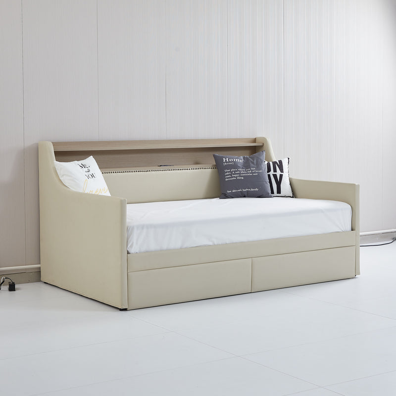 Twin Size Daybed with Storage Drawers, Upholstered Daybed with Charging Station and LED Lights, Beige (Expect arrive date: December 30th.)