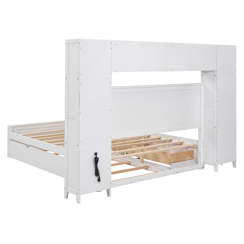 Queen Size Wooden Bed With All-in-One Cabinet, Shelf and Sockets, White