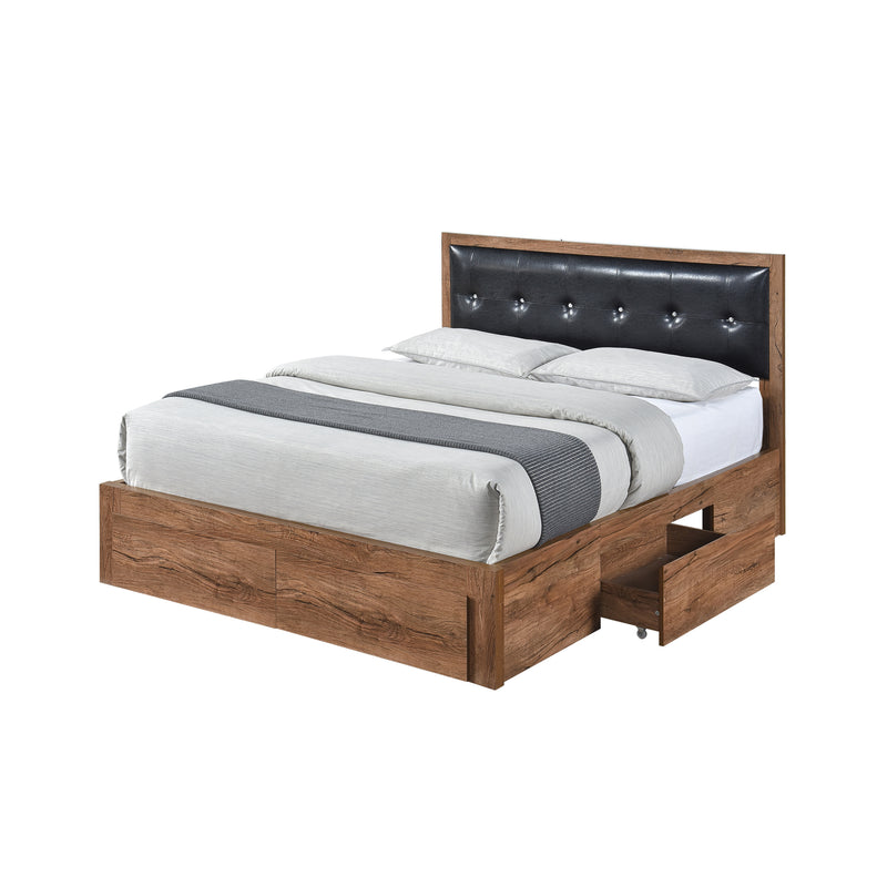 Queen Size Wood Platform Bed with Upholstered Headboard and 4 Drawers