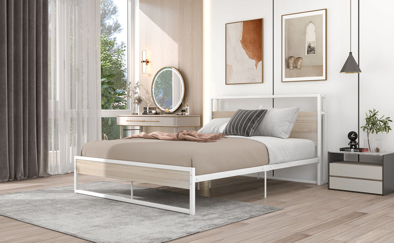 Queen Size Metal Platform Bed Frame with Sockets, USB Ports and Slat Support ,No Box Spring Needed White