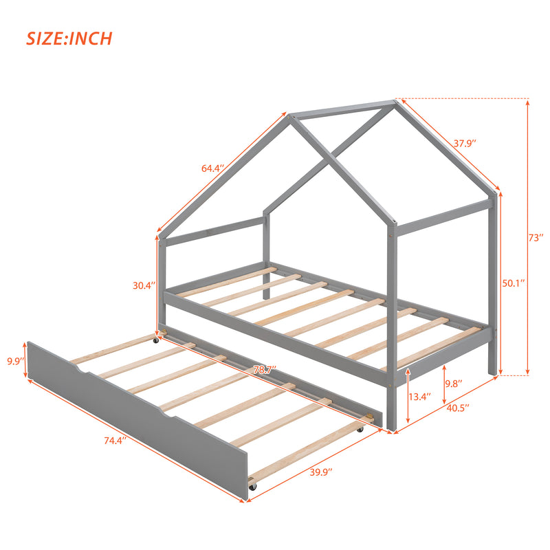 Twin Size Wooden House Bed With Twin Size Trundle, Gray