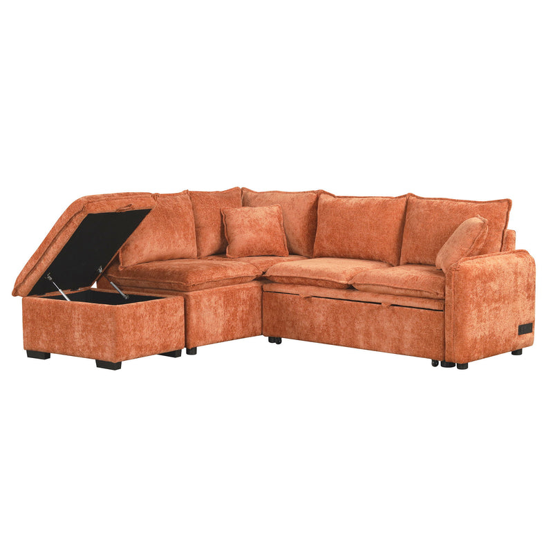 Convertible Sofa Bed Sectional Sofa Sleeper L-Shaped Sofa With A Storage Ottoman, Two Pillows, Two Power Sockets And Two USB Ports For Living Room