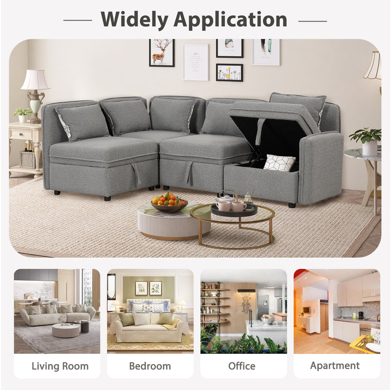 122.8" Convertible Modular Minimalist Sofa Free Combination 4 Seater Sofa Chenille Fabric Sectional sofa with 5 Pillows for Living Room, Office, Apartment, Small Space, Gray