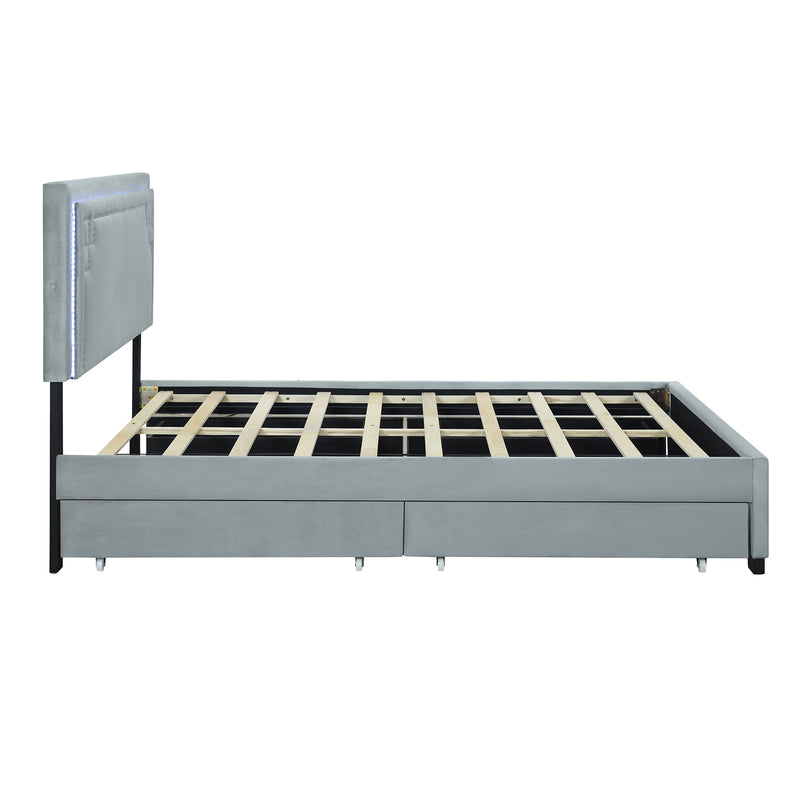 Queen Size Upholstered Platform Bed with Rivet-decorated Headboard, LED bed frame and 4 Drawers, Gray