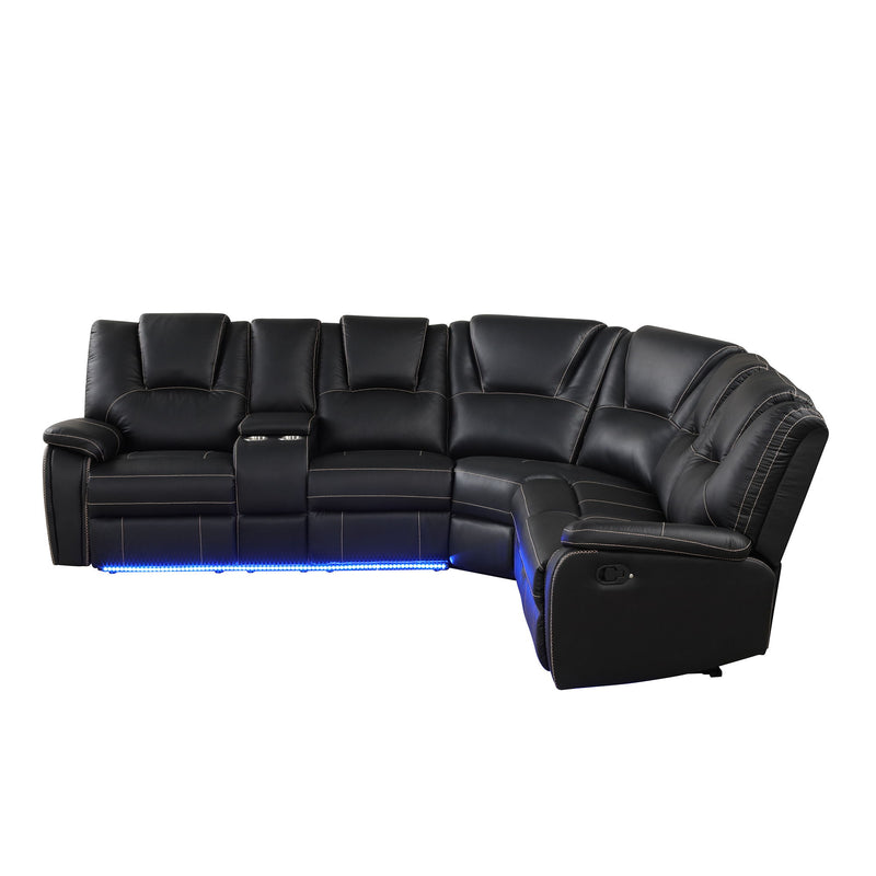 Modern Faux Leather Manual Reclining With Center Console With LED Light Strip, Living Room Furniture Set, PU Symmetrical Couch With 2 Cup Holders And Storage For Living Room