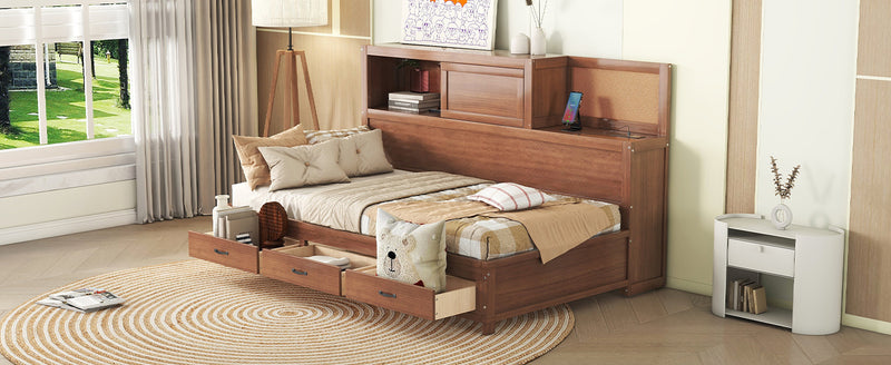 Twin Size Wooden Daybed with 3 Storage Drawers, Upper Soft Board, shelf, and a set of Sockets and USB Ports, Brown