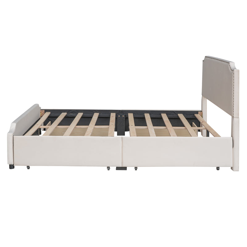 Upholstered Platform Bed with Stud Trim Headboard and Footboard and 4 Drawers No Box Spring Needed, Velvet Fabric, Queen Size (Beige)