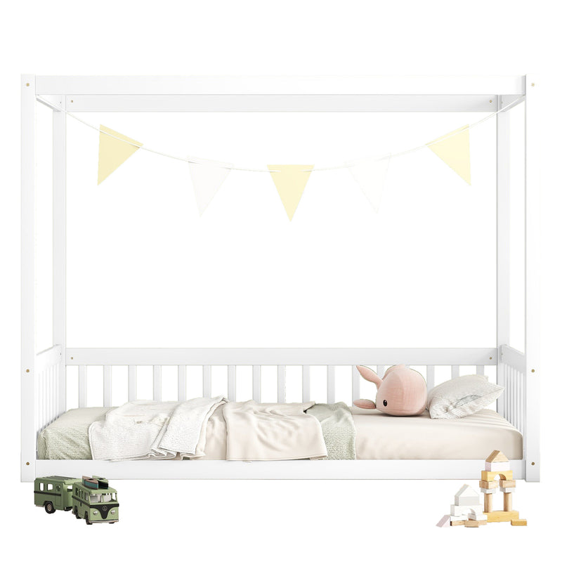 Twin Size Canopy Frame Floor Bed with Fence, Guardrails,White