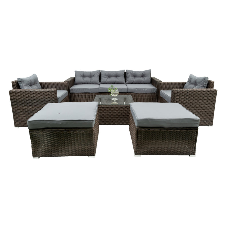 6 Piece Patio Rattan Wicker Outdoor Furniture Conversation Sofa Set with Removeable Cushions and Temper glass TableTop