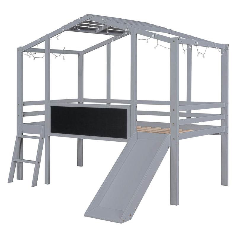 Twin Size Loft Bed with Ladder and Slide, House Bed with Blackboard and Light Strip on the Roof, Gray