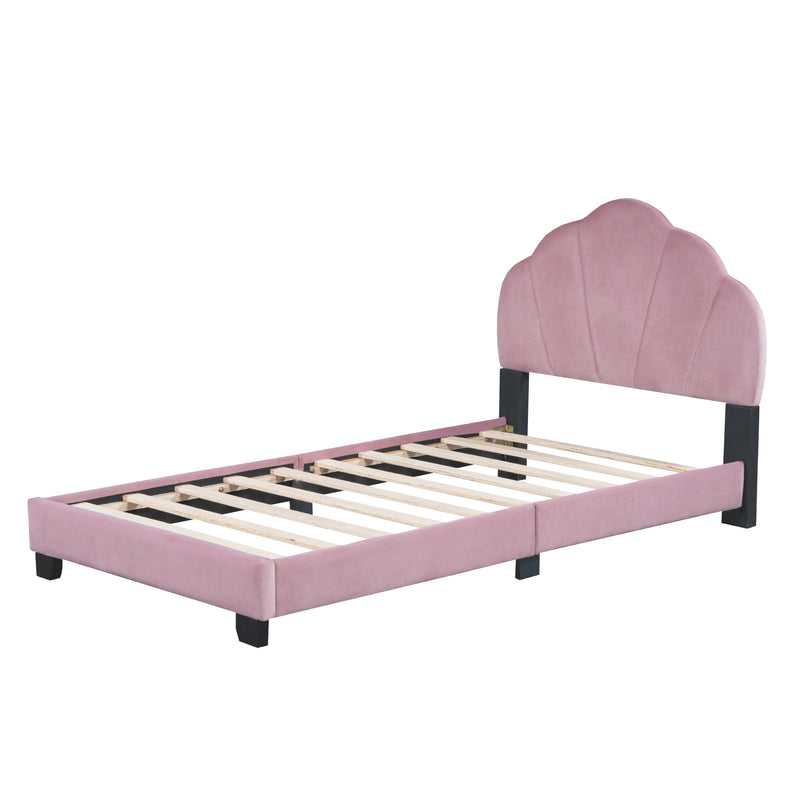 Twin Size Upholstered Velvet Platform Bed with Shell-Shaped Headboard, Pink