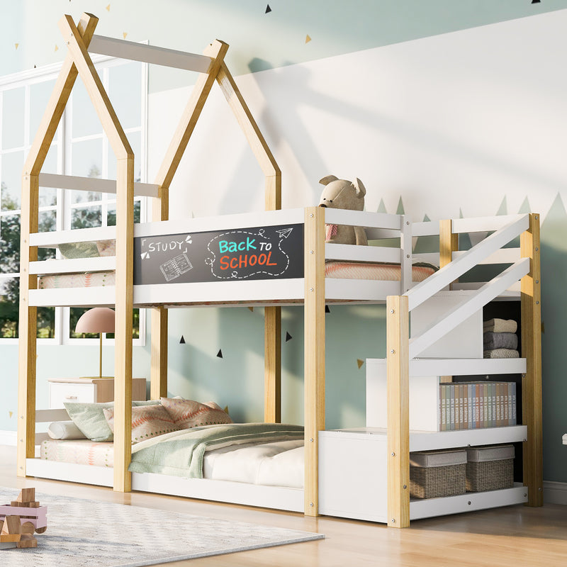 Twin over Twin House Bunk Bed with White Storage Staircase and Blackboard, White and Natural