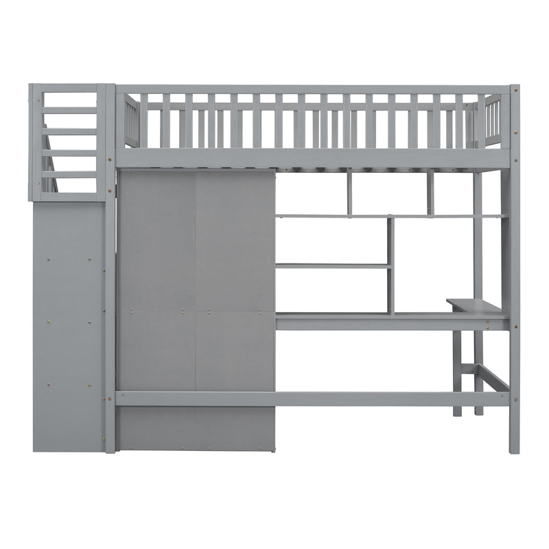 Twin size Loft Bed with Bookshelf,Drawers,Desk,and Wardrobe-Gray