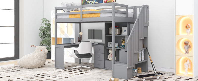 Twin Size Loft Bed with L-Shaped Desk and Drawers, Cabinet and Storage Staircase, Gray