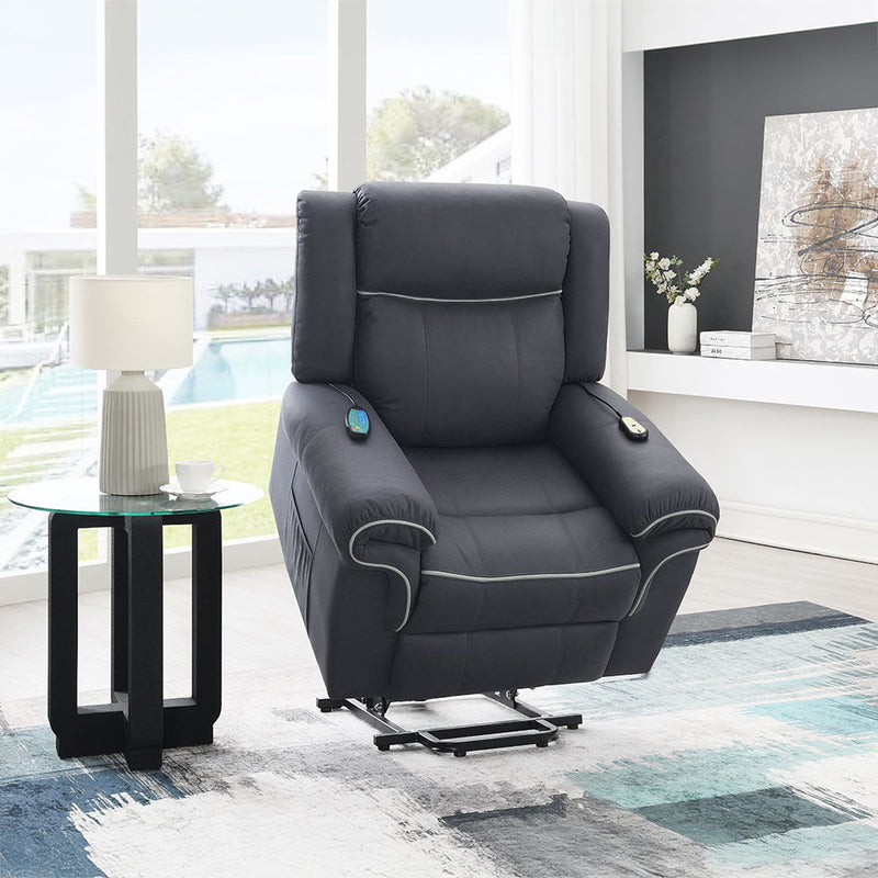 Domana - Power Recliner With Lift & Heating & Massage - Dark Blue Fabric