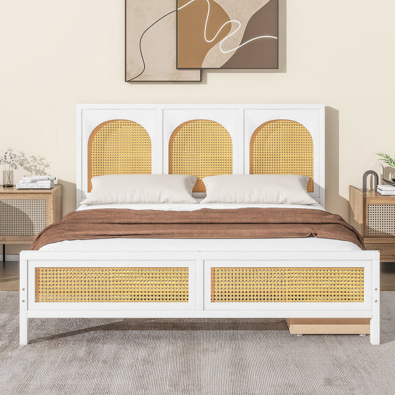 Queen Size Wood Storage Platform Bed with 2 Drawers, Rattan Headboard and Footboard, White