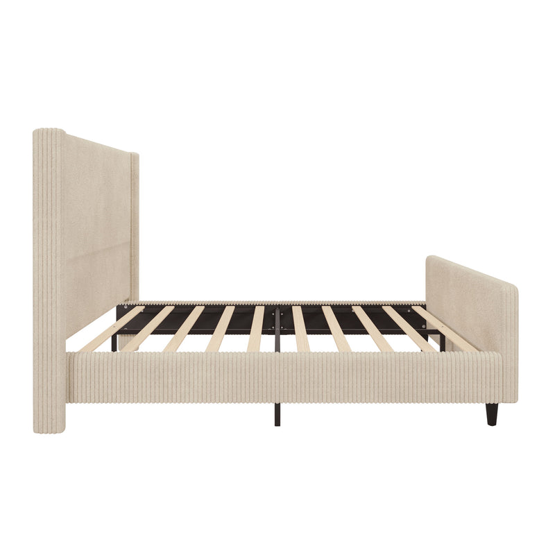 Corduroy Upholstered Bed Frame With Vertical Stripe Wingback And High Footboard No Box Spring Needed