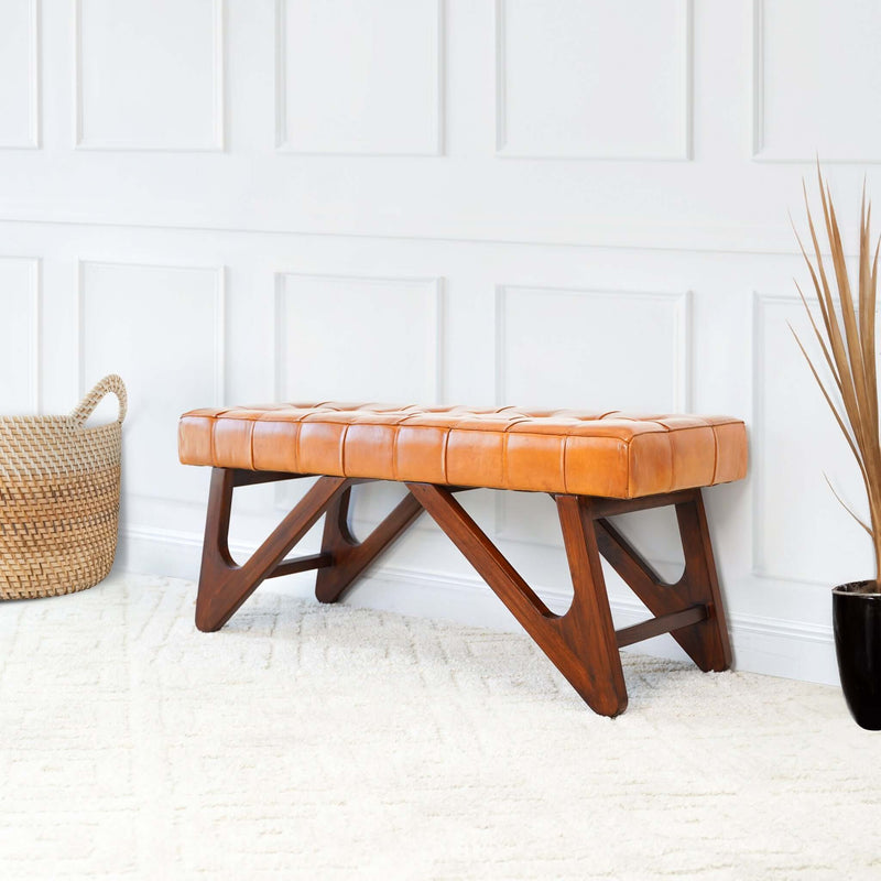 Mia - Bench With Buttons - Brown / Rustic