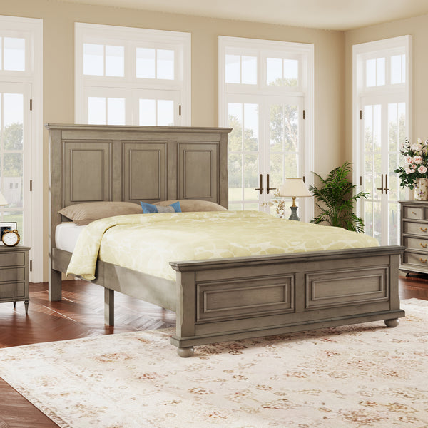 Traditional Town and Country Style Pinewood Vintage Queen Bed, Stone