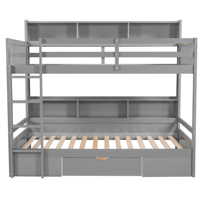 Twin Size Bunk Bed with Built-in Shelves Beside both Upper and Down Bed and Storage Drawer,Gray