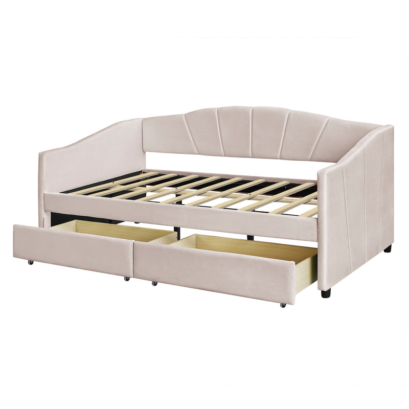 Upholstered daybed Twin Size with Two Drawers and Wood Slat  ,Beige